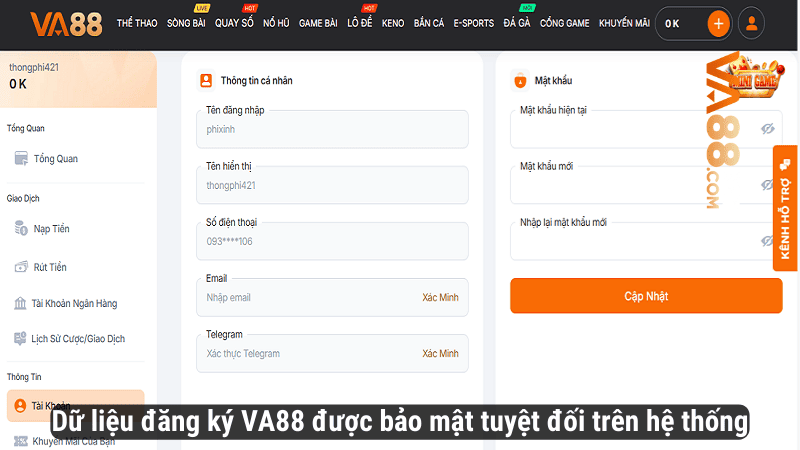 Dữ liệu đăng ký VA88 được bảo mật tuyệt đối trên hệ thống