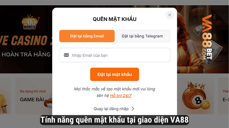 Tính năng quên mật khẩu tại giao diện VA88