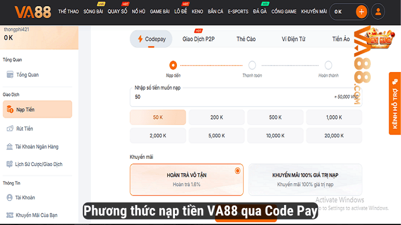 Phương thức nạp tiền VA88 qua Code Pay