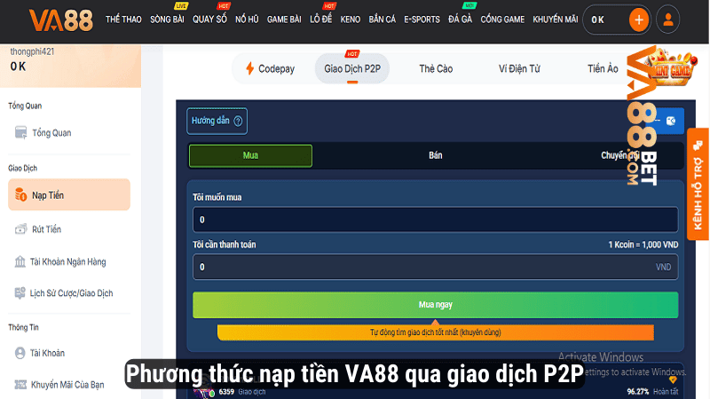 Phương thức nạp tiền VA88 qua giao dịch P2P