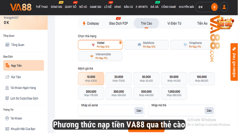 Phương thức nạp tiền VA88 qua thẻ cào