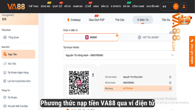 Phương thức nạp tiền VA88 qua ví điện tử