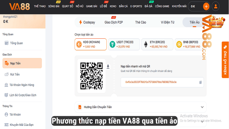 Phương thức nạp tiền VA88 qua tiền ảo