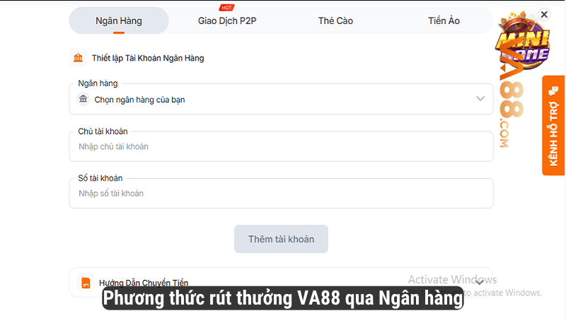 Phương thức rút thưởng VA88 qua Ngân hàng