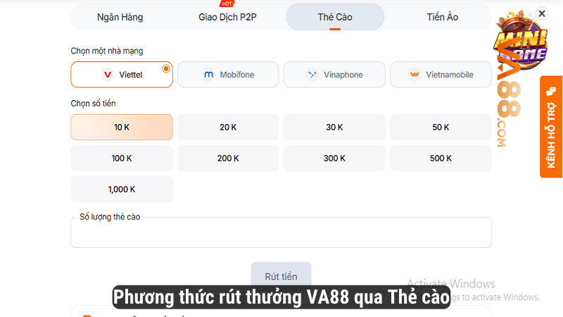 Phương thức rút thưởng VA88 qua Thẻ cào