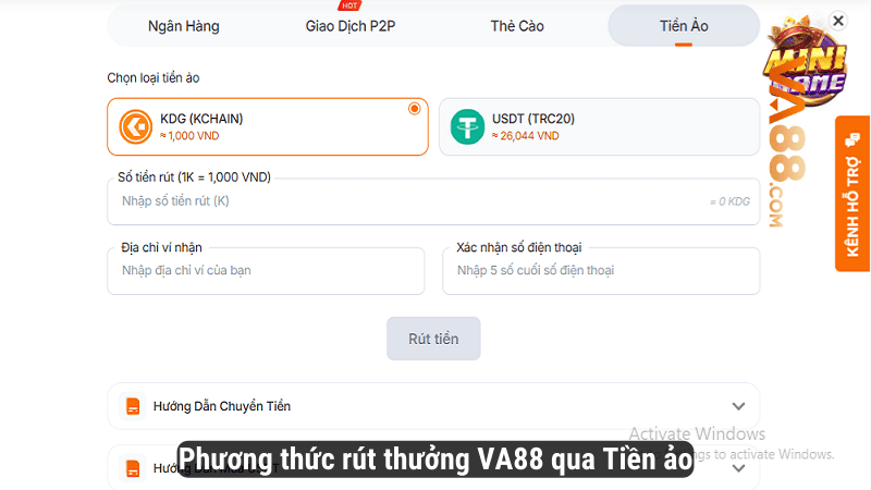 Phương thức rút thưởng VA88 qua Tiền ảo