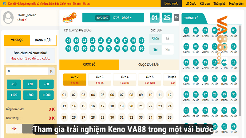 Tham gia trải nghiệm Keno VA88 trong một vài bước